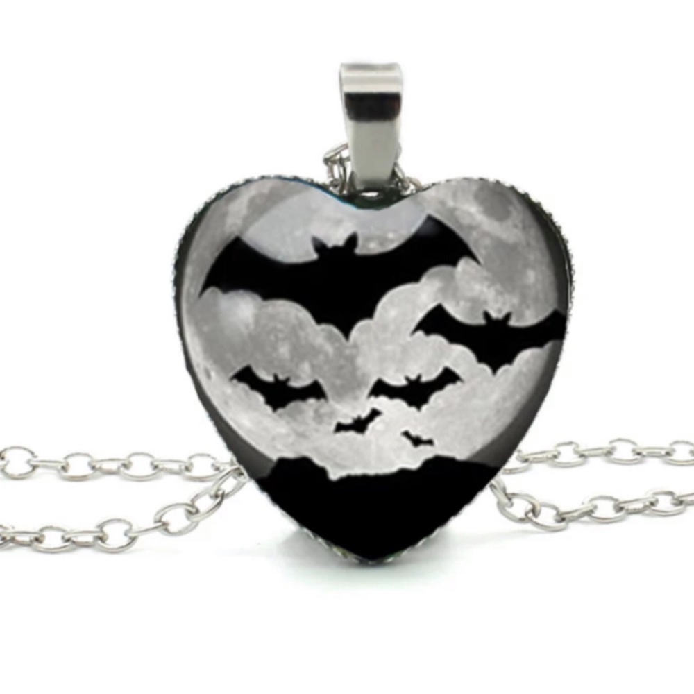 Dome shape Heart silver & black color bat necklace